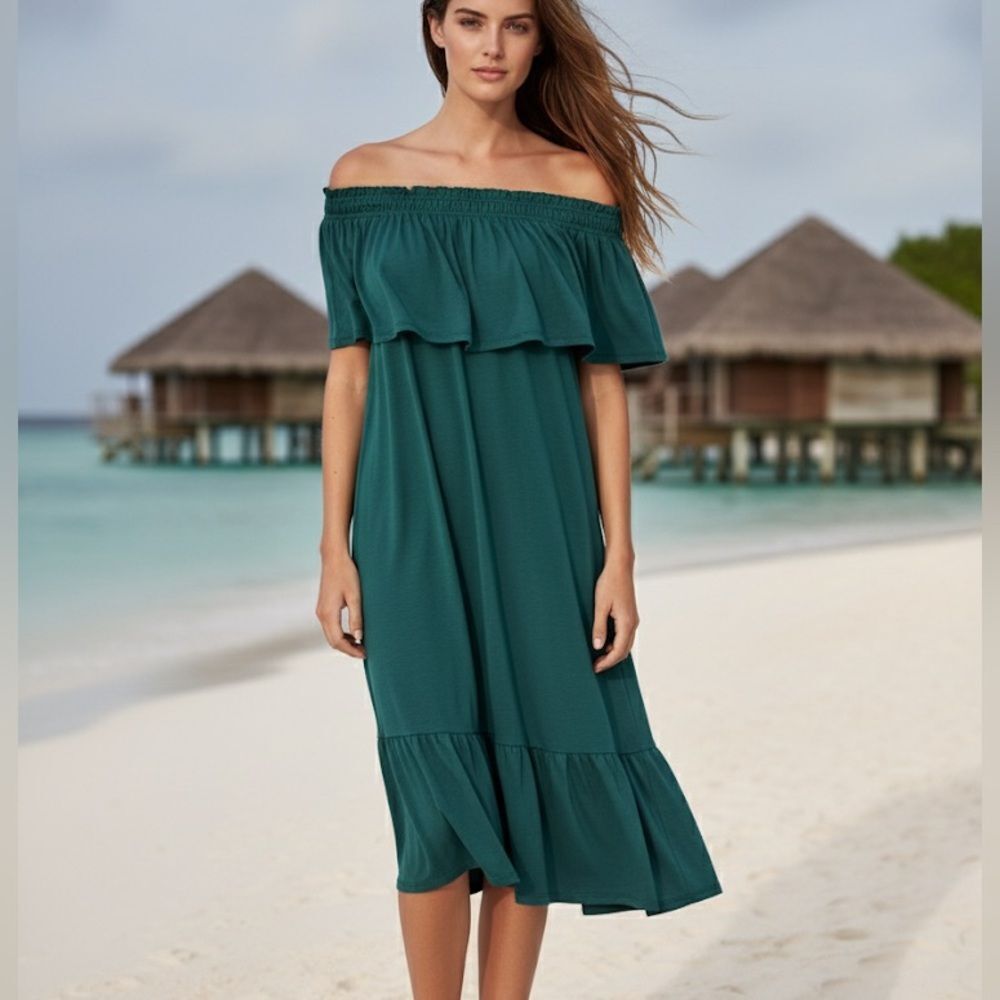 LOFT Teal Off-Shoulder Midi Dress
